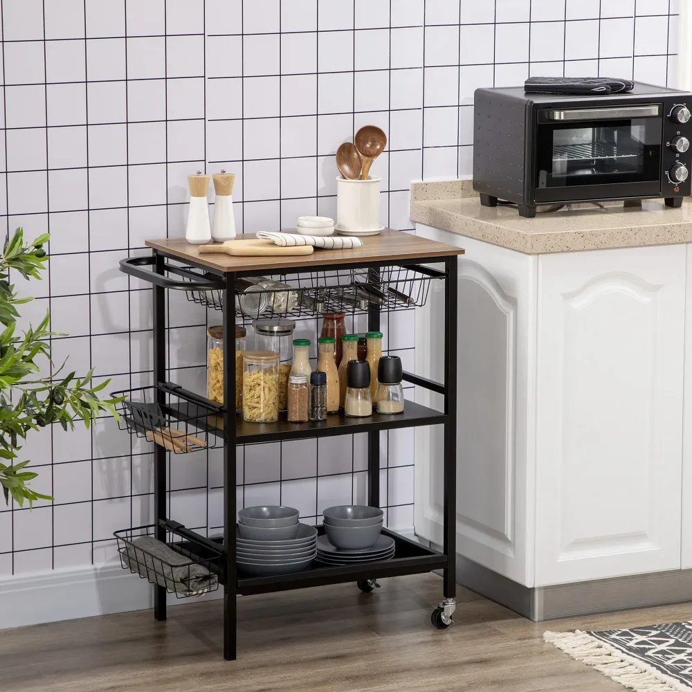 Easycomfort Carrello da Cucina 3 Livelli con 2 Ruote, Cesto Estraibile e Vassoio, 75x43.5x91 cm, color Legno e Nero