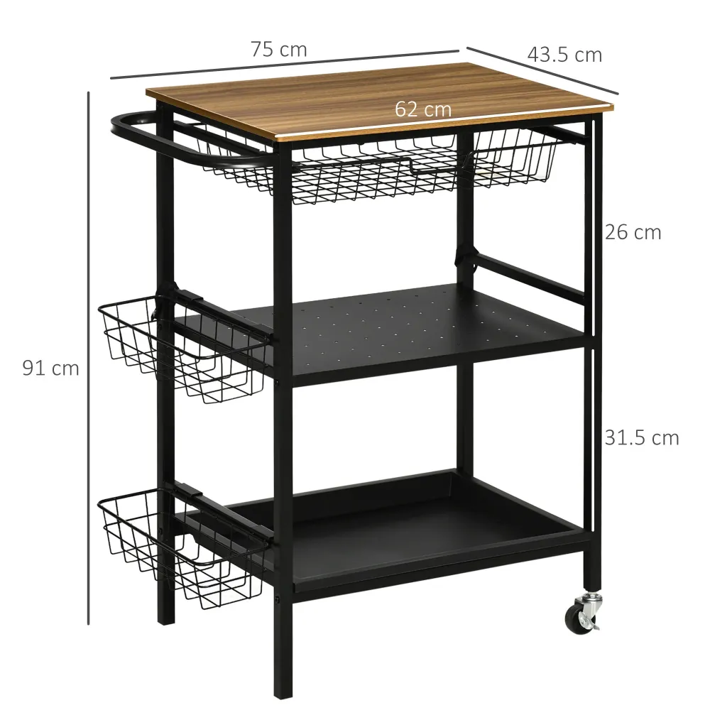 Easycomfort Carrello da Cucina 3 Livelli con 2 Ruote, Cesto Estraibile e Vassoio, 75x43.5x91 cm, color Legno e Nero