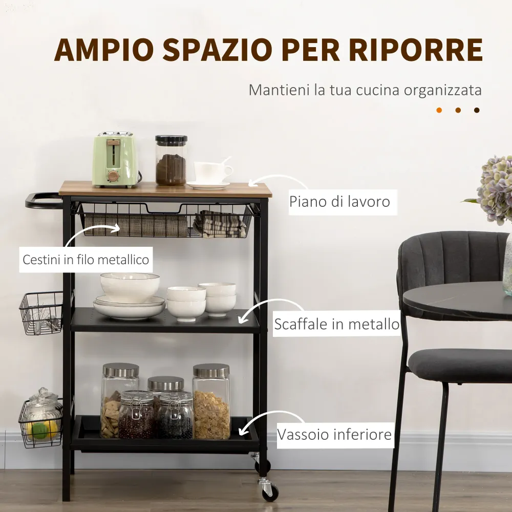 Easycomfort Carrello da Cucina 3 Livelli con 2 Ruote, Cesto Estraibile e Vassoio, 75x43.5x91 cm, color Legno e Nero