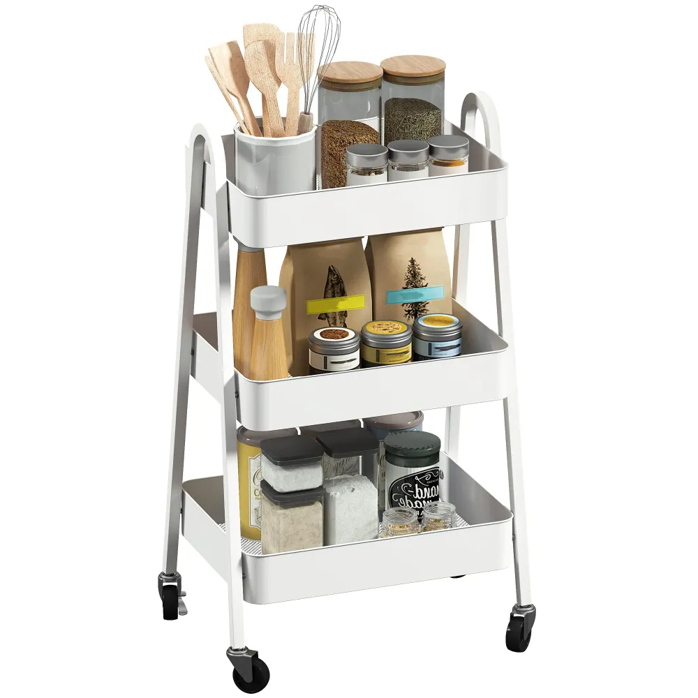 EasyComfort Carrello Cucina Multiuso 3 Livelli, Ruote Girevoli con Freno e Maniglie, Bianco