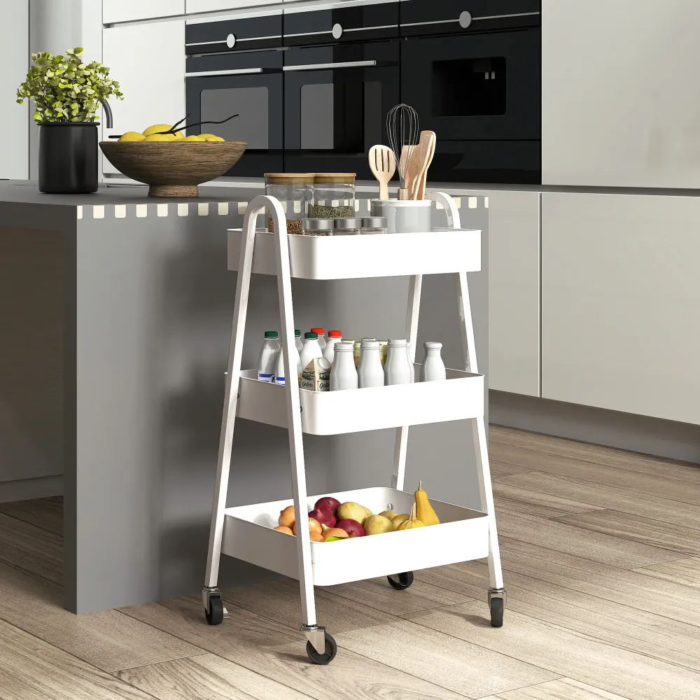 EasyComfort Carrello Cucina Multiuso 3 Livelli, Ruote Girevoli con Freno e Maniglie, Bianco