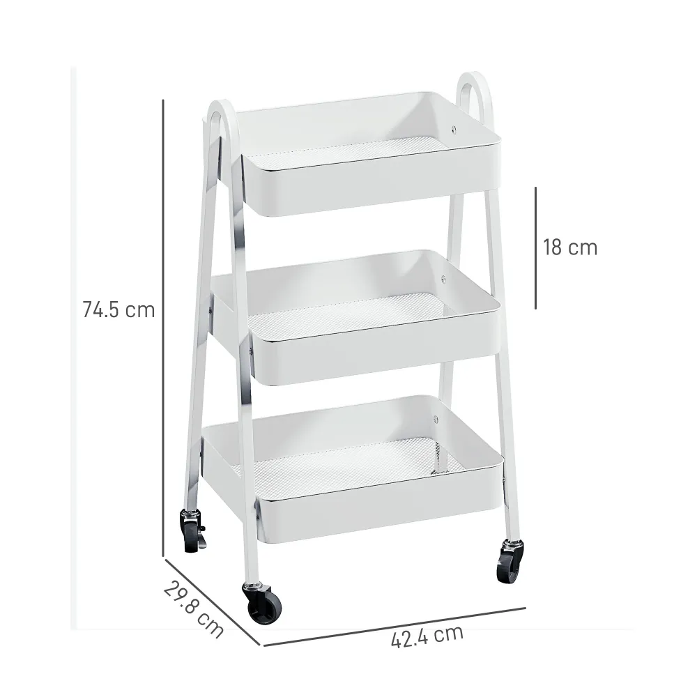 EasyComfort Carrello Cucina Multiuso 3 Livelli, Ruote Girevoli con Freno e Maniglie, Bianco