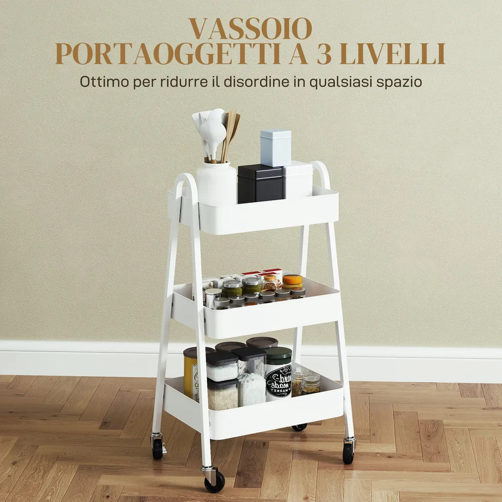 EasyComfort Carrello Cucina Multiuso 3 Livelli, Ruote Girevoli con Freno e Maniglie, Bianco