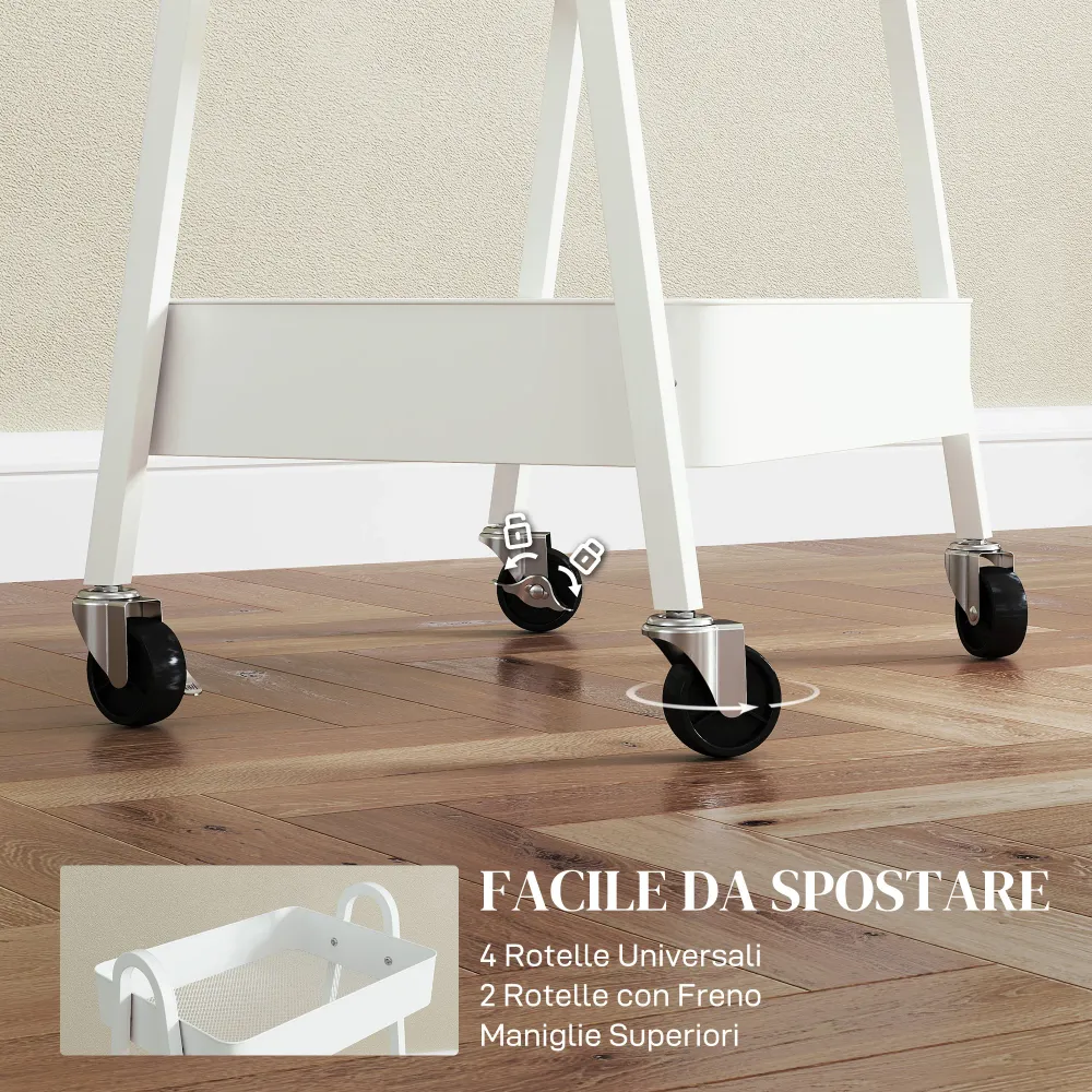 EasyComfort Carrello Cucina Multiuso 3 Livelli, Ruote Girevoli con Freno e Maniglie, Bianco
