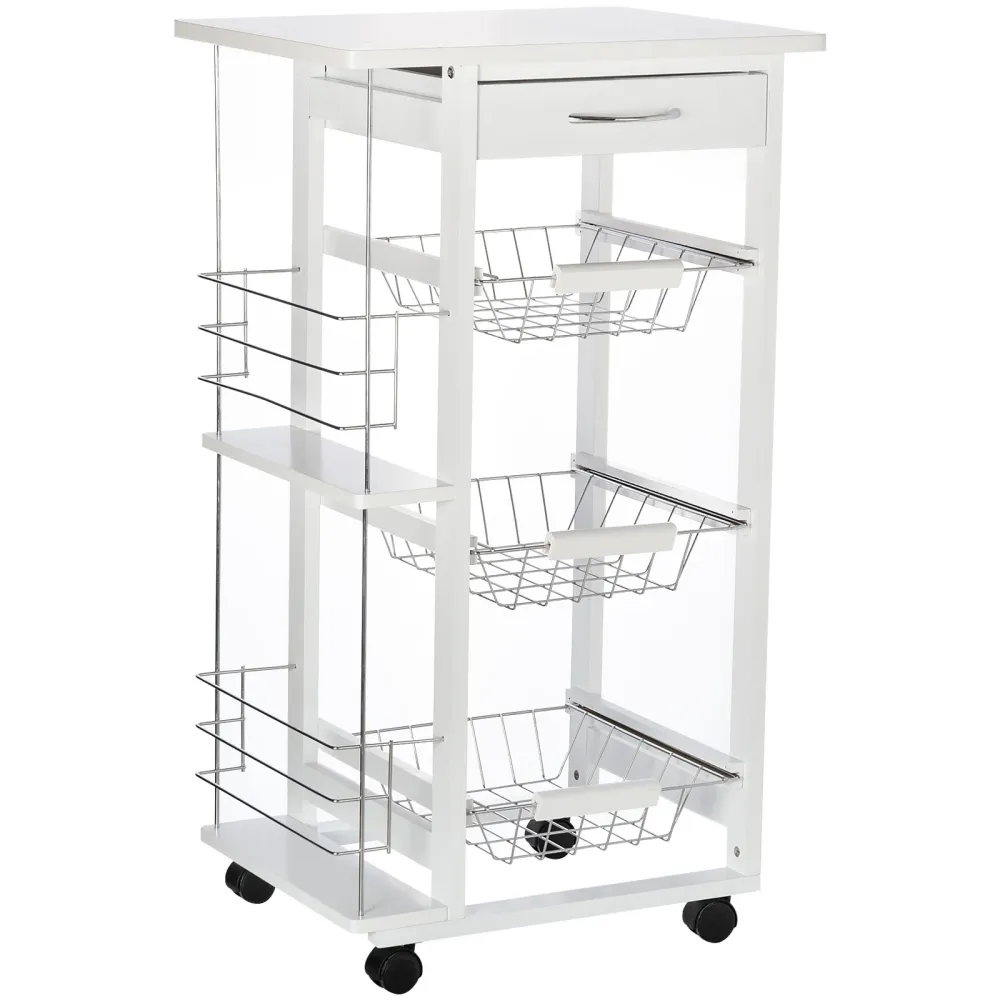 Easycomfort Carrello Isola da Cucina Salvaspazio Legno di Pino, Carrello Portavivande con 4 Ruote Cassetto 3 Cesti Estraib...