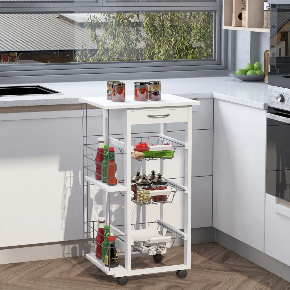 Easycomfort Carrello Isola da Cucina Salvaspazio Legno di Pino, Carrello Portavivande con 4 Ruote Cassetto 3 Cesti Estraib...