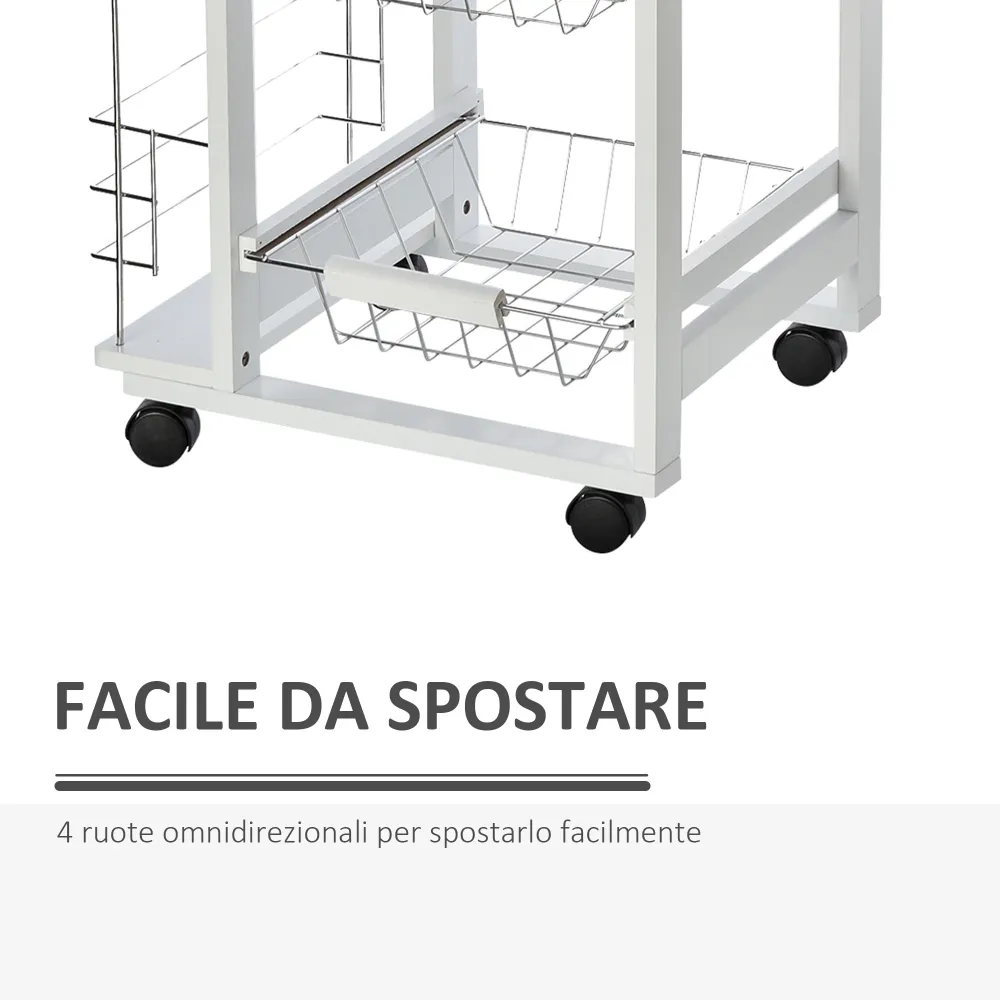Easycomfort Carrello Isola da Cucina Salvaspazio Legno di Pino, Carrello Portavivande con 4 Ruote Cassetto 3 Cesti Estraib...