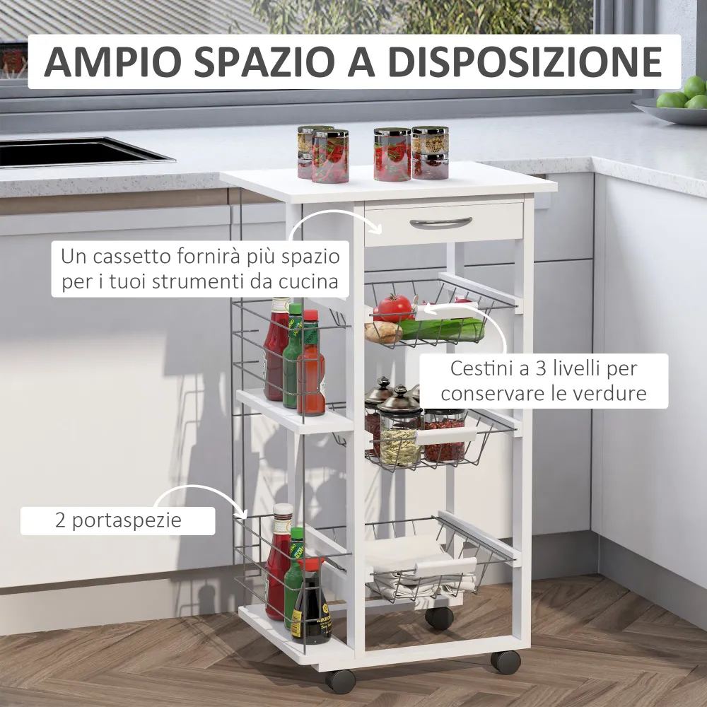 Easycomfort Carrello Isola da Cucina Salvaspazio Legno di Pino, Carrello Portavivande con 4 Ruote Cassetto 3 Cesti Estraib...