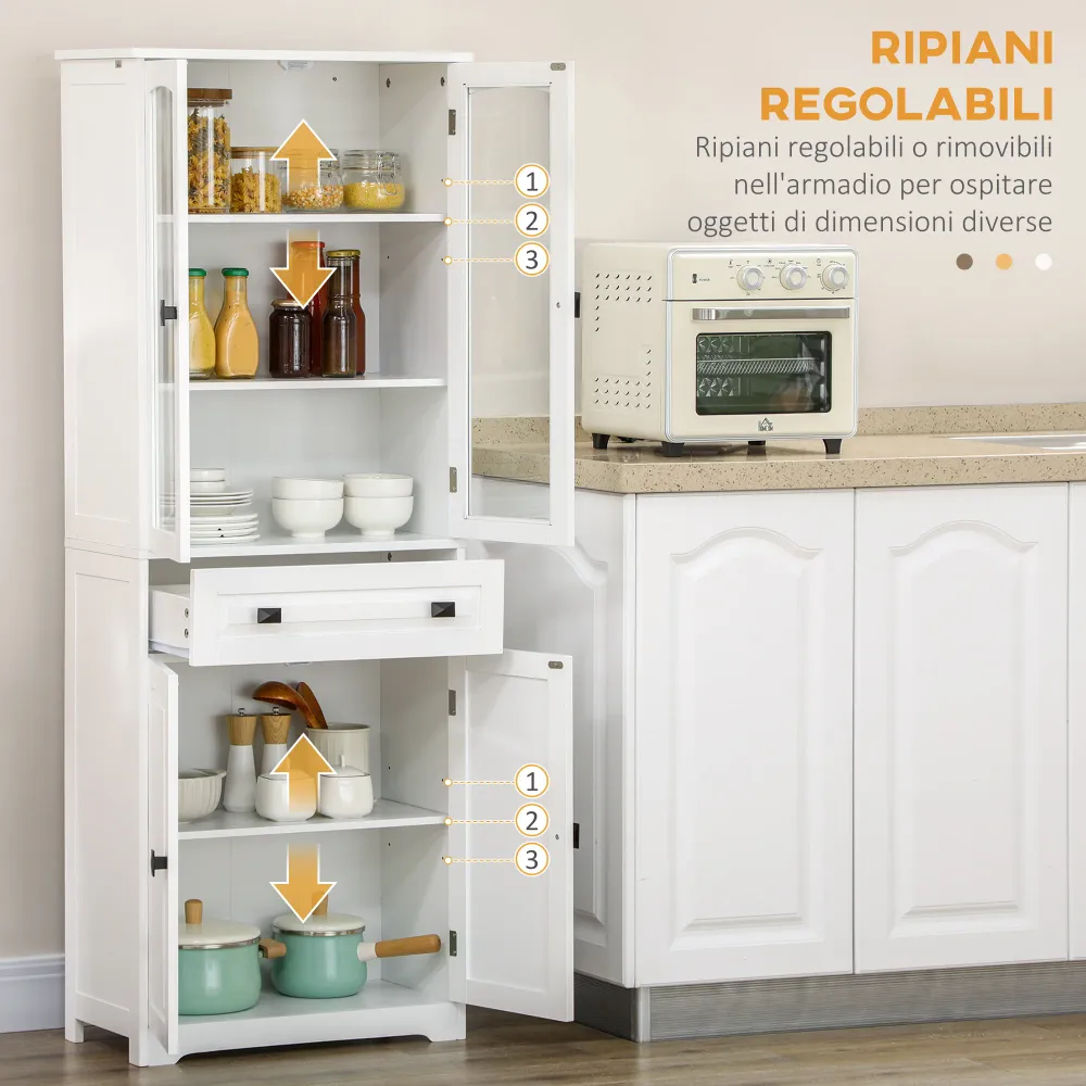 EasyComfort Credenza da Cucina Alta con 2 Armadietti e Cassetto, Ante Vetri e Ripiani Regolabili, 60x30x160cm, Bianco
