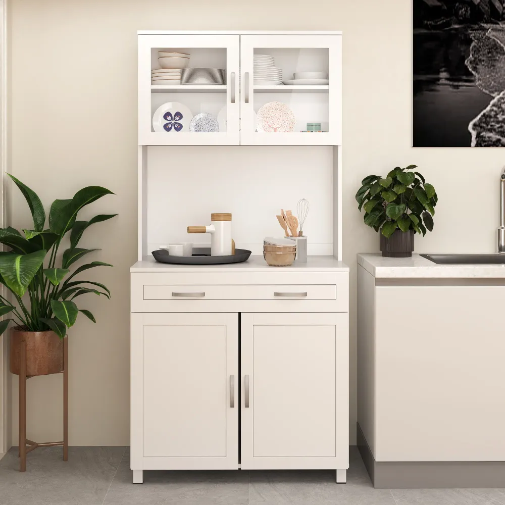 EasyComfort Mobile Cucina Moderno con 2 Armadietti, Ante Vetro e Mensole Regolabili, 80x48x170 cm, Bianco