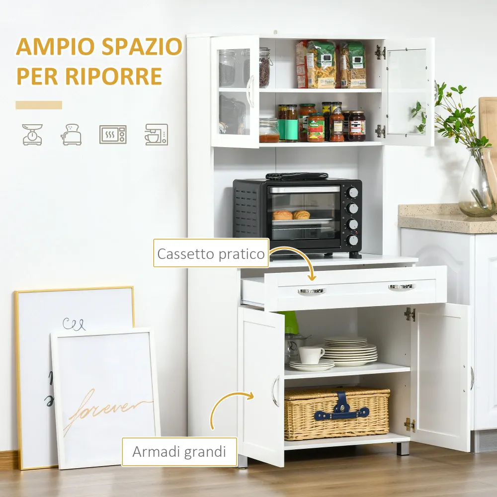 EasyComfort Mobile Cucina Moderno con 2 Armadietti, Ante Vetro e Mensole Regolabili, 80x48x170 cm, Bianco
