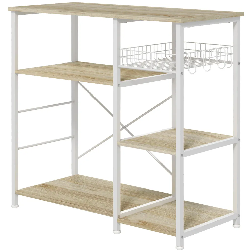 EasyComfort Mobile Cucina Moderno 4 Ripiani con Cestino e Ganci Legno e Acciaio, 90x40x84.5cm, Quercia e Bianco