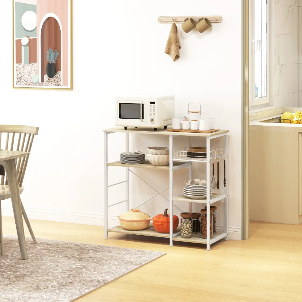 EasyComfort Mobile Cucina Moderno 4 Ripiani con Cestino e Ganci Legno e Acciaio, 90x40x84.5cm, Quercia e Bianco