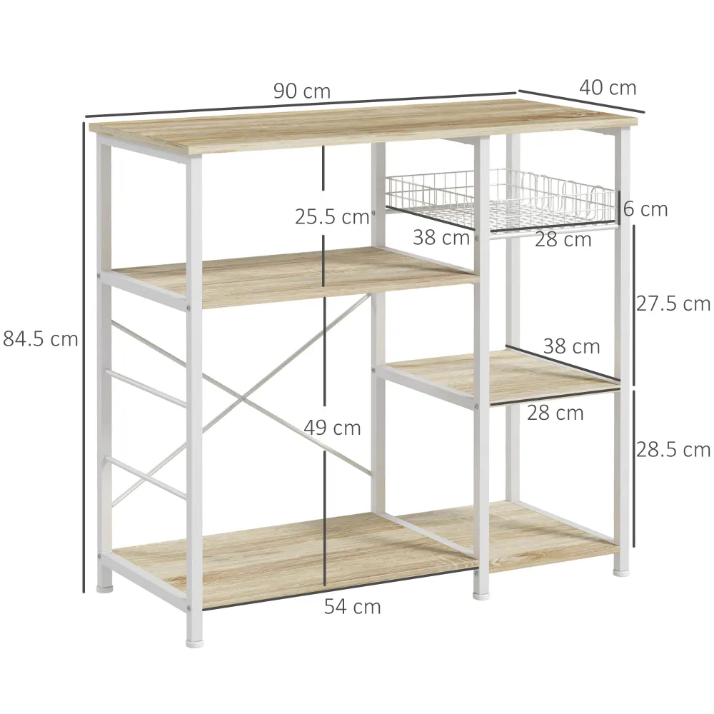 EasyComfort Mobile Cucina Moderno 4 Ripiani con Cestino e Ganci Legno e Acciaio, 90x40x84.5cm, Quercia e Bianco