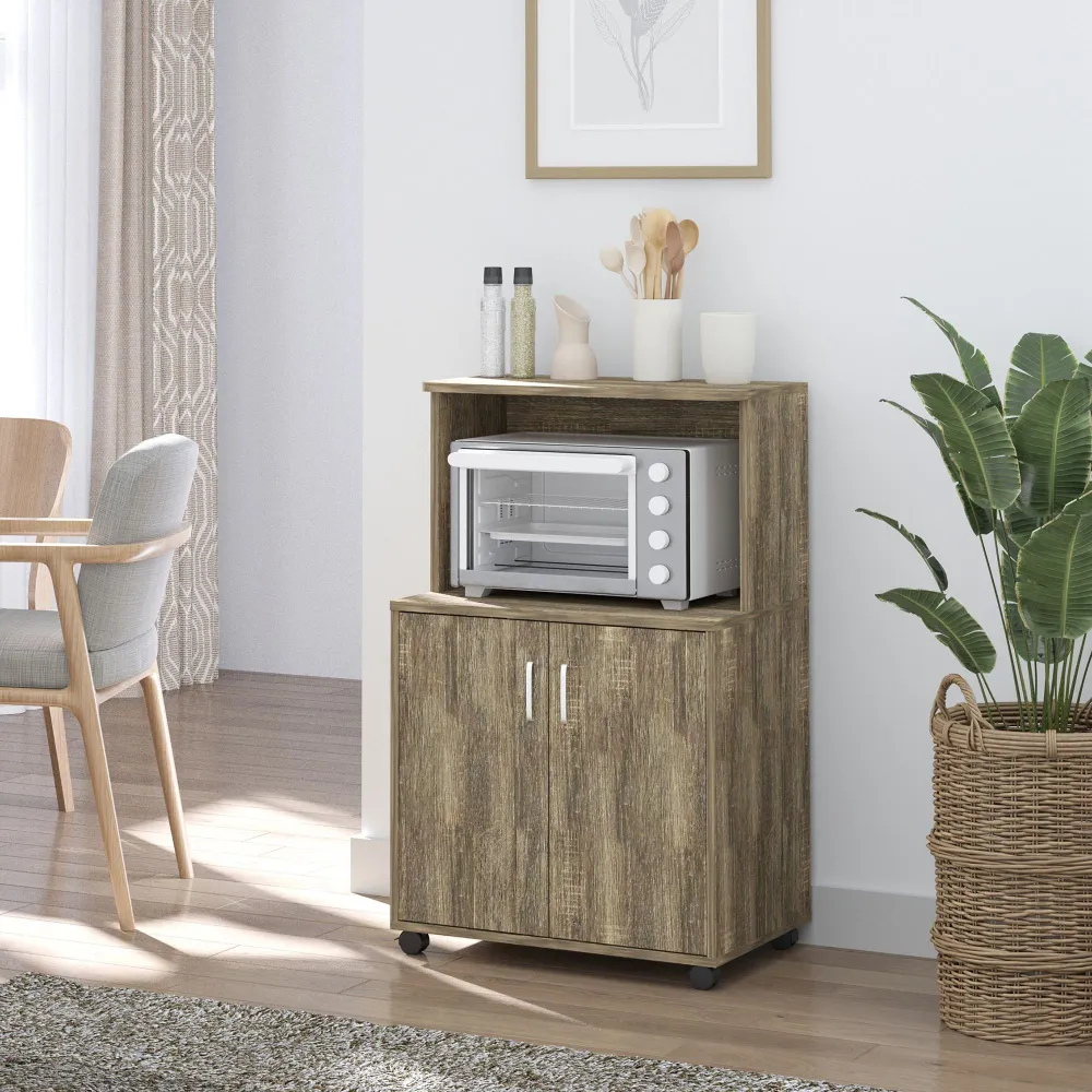 Easycomfort Mobile Cucina Multiuso con 4 Ruote, Armadietto e Ripiano per Microonde, 60.4x40.3x97cm - Grigio