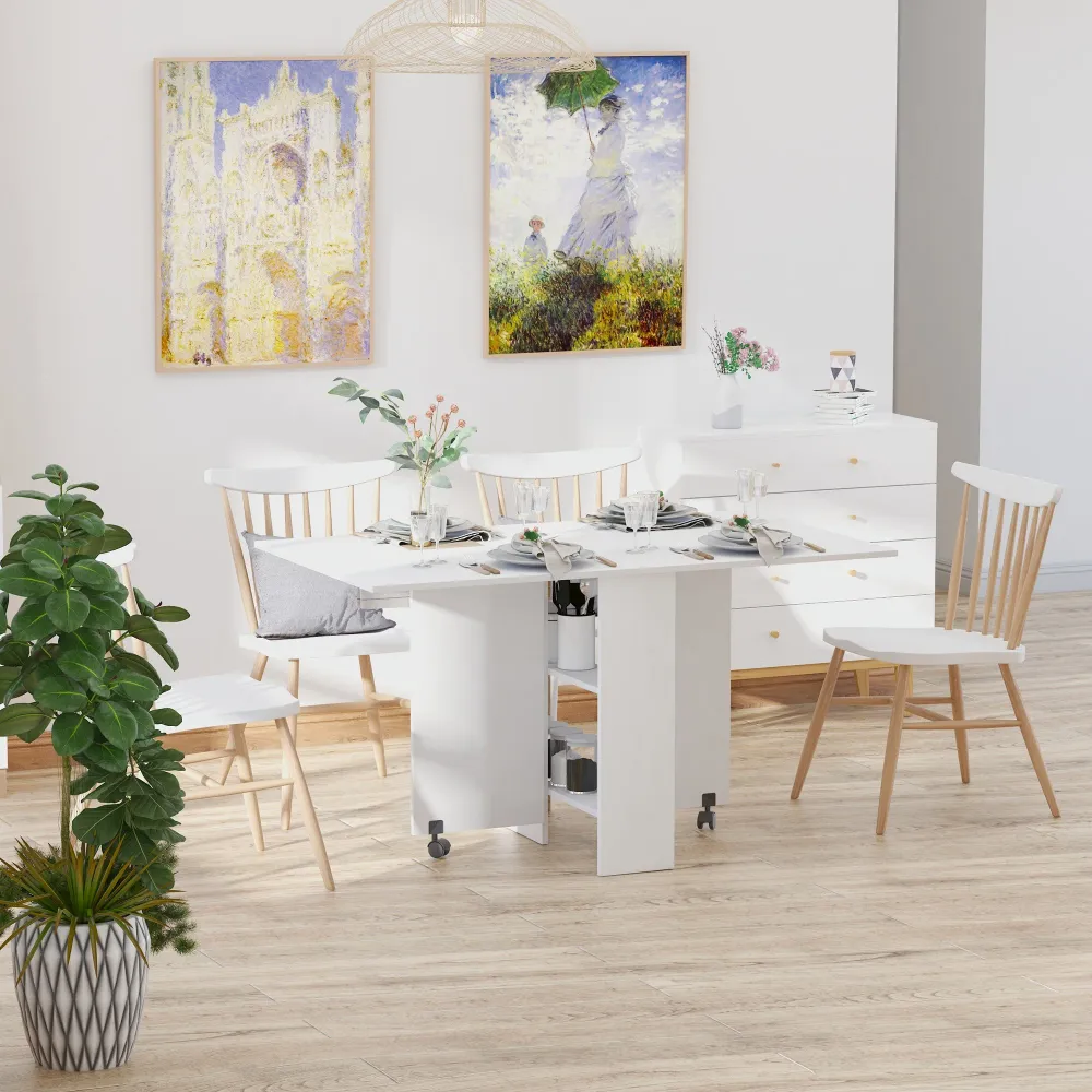 Easycomfort Tavolo Pieghevole con 2 Ripiani iInferiori Legno, Tavolo Richiudibile con Ruote per 6 Persone, Bianco