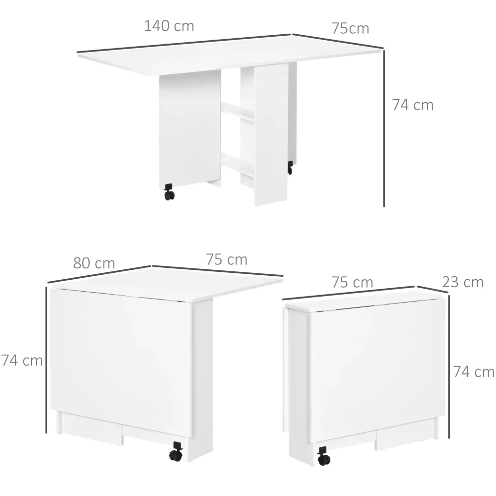 Easycomfort Tavolo Pieghevole con 2 Ripiani iInferiori Legno, Tavolo Richiudibile con Ruote per 6 Persone, Bianco