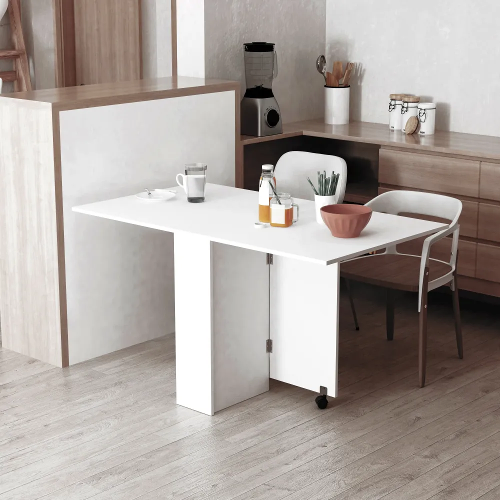 Easycomfort Tavolo Pieghevole con 2 Ripiani iInferiori Legno, Tavolo Richiudibile con Ruote per 6 Persone, Bianco
