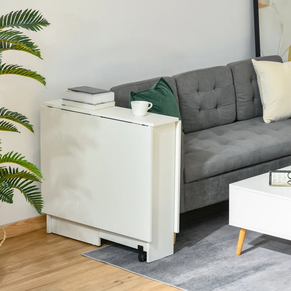 Easycomfort Tavolo Pieghevole con 2 Ripiani iInferiori Legno, Tavolo Richiudibile con Ruote per 6 Persone, Bianco