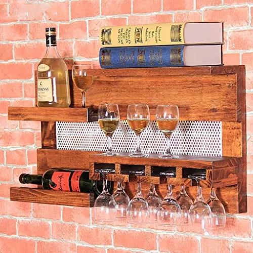 FCXBQ Bicchiere da Vino Vetro Cornice Legno massello Portabottiglie Europeo Mensole pensili Portabicchieri Ristorante retr...