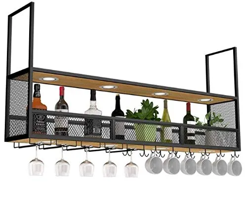 FCXBQ Portabottiglie Rustico Parete , Portabottiglie Rustico Parete Portabicchieri da Vino Legno massello Ferro battuto, A...