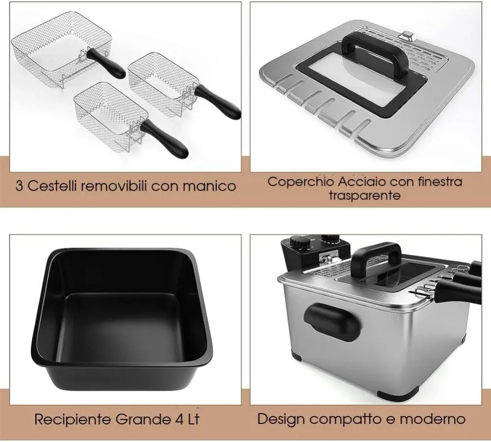 Friggitrice Elettrica Professionale Acciaio Inox 3 Cestelli Potenza 2000W 4Lt