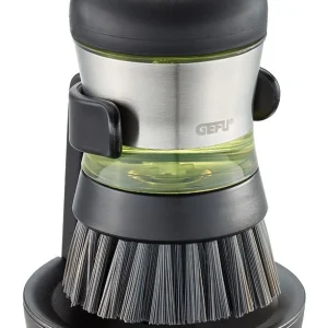 GEFU Spazzola per piatti SWIFT – plastica, acciaio inossidabile, 12 cm, nera, con dosatore di sapone integrato (50 ml)