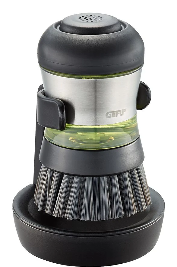GEFU Spazzola per piatti SWIFT – plastica, acciaio inossidabile, 12 cm, nera, con dosatore di sapone integrato (50 ml)