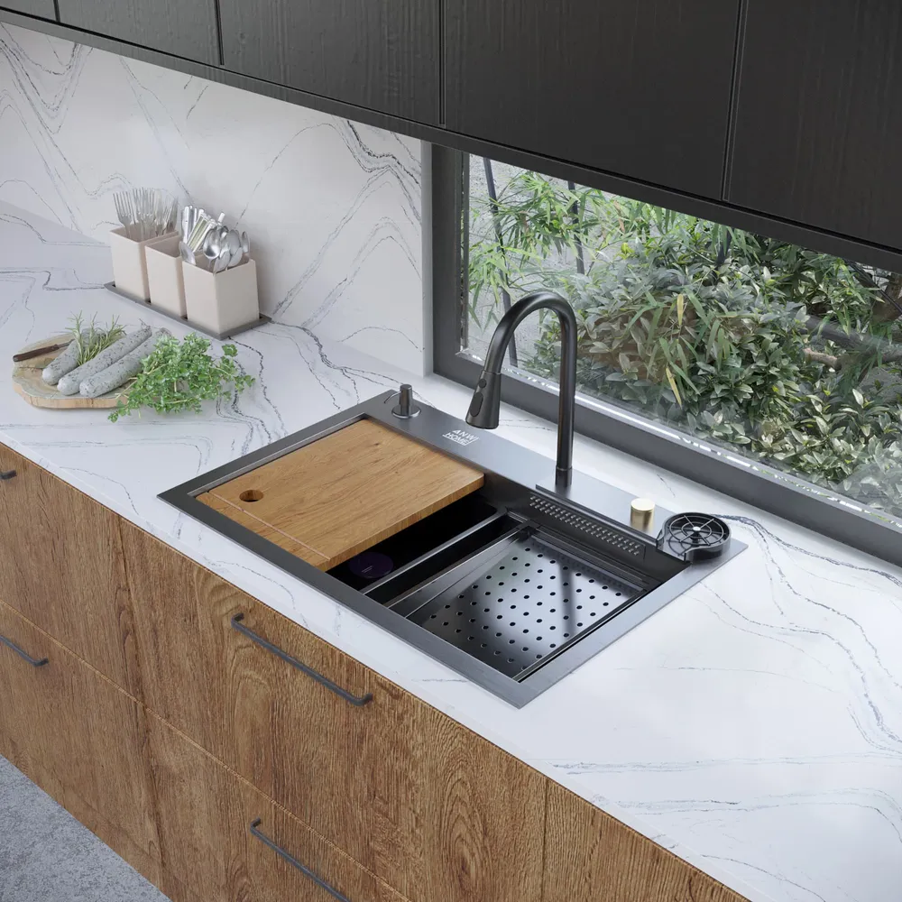 Lavello da Cucina Acciaio Inox 75x45B con Rubinetto Cascata