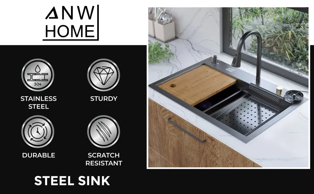 Lavello da Cucina Acciaio Inox 75x45B con Rubinetto Cascata