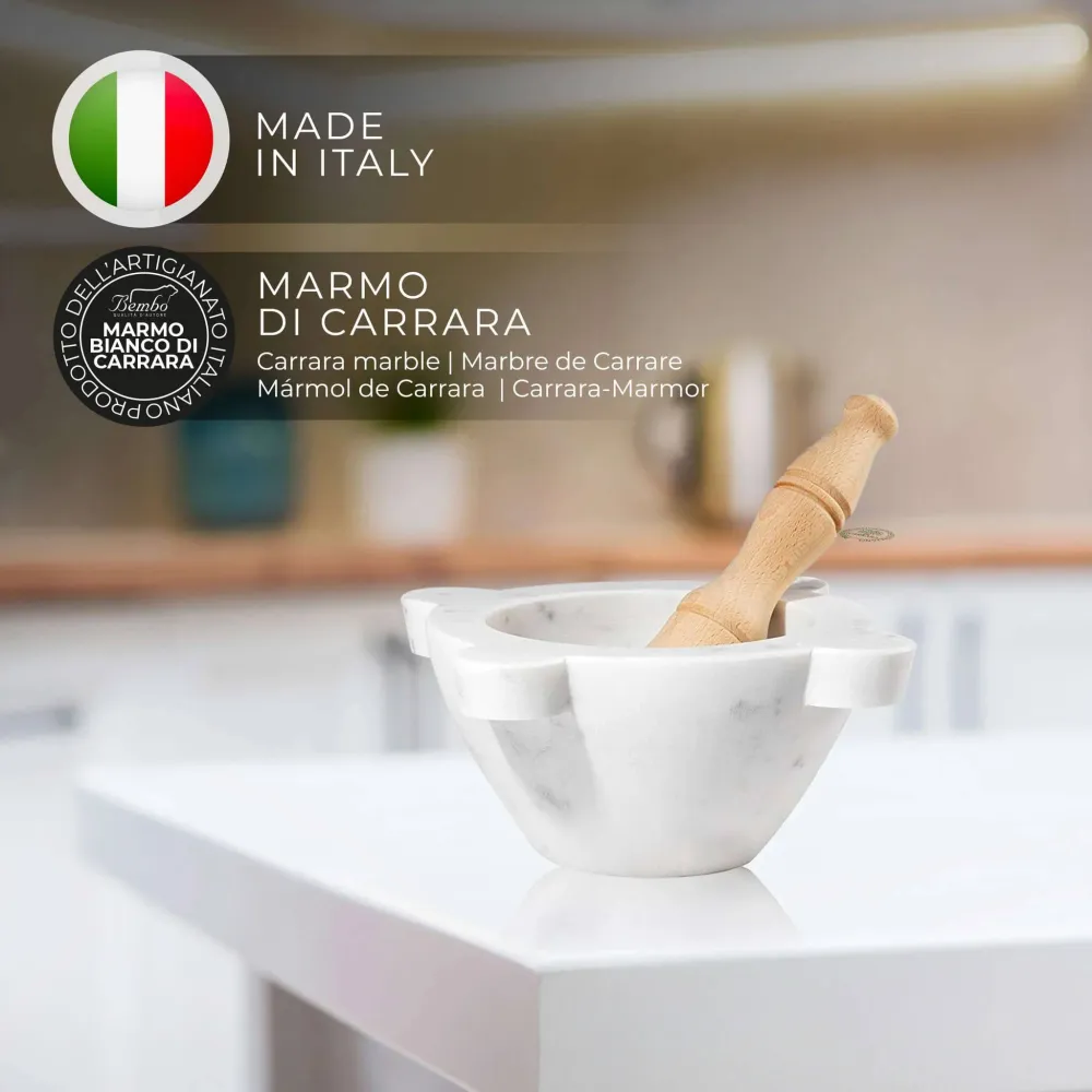 Mortaio Marmo Bianco di Carrara - Modello Genovese - 14 cm