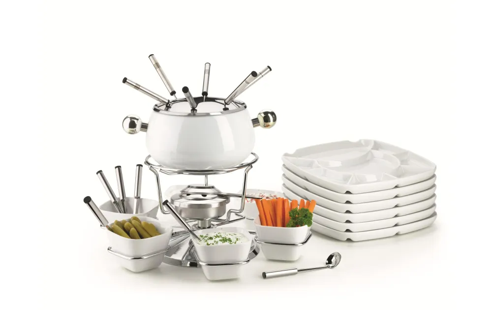 Mäser Set per fonduta – Ø 17 cm, acciaio inossidabile, per fonduta al formaggio, 6 persone, 28 pezzi