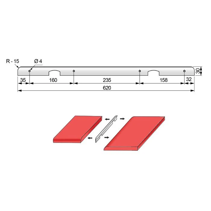 Listello per piano di lavoro da cucina perpendicolare 28mm R-15 - Argento anodizzato NTP
