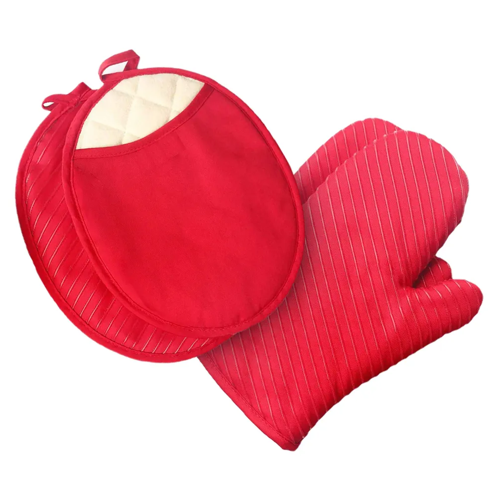 Presine e Guanti da Forno, 2 Presine e 2 Tappetini Termici con Tasche, Set di Biancheria da Cucina - Rosso