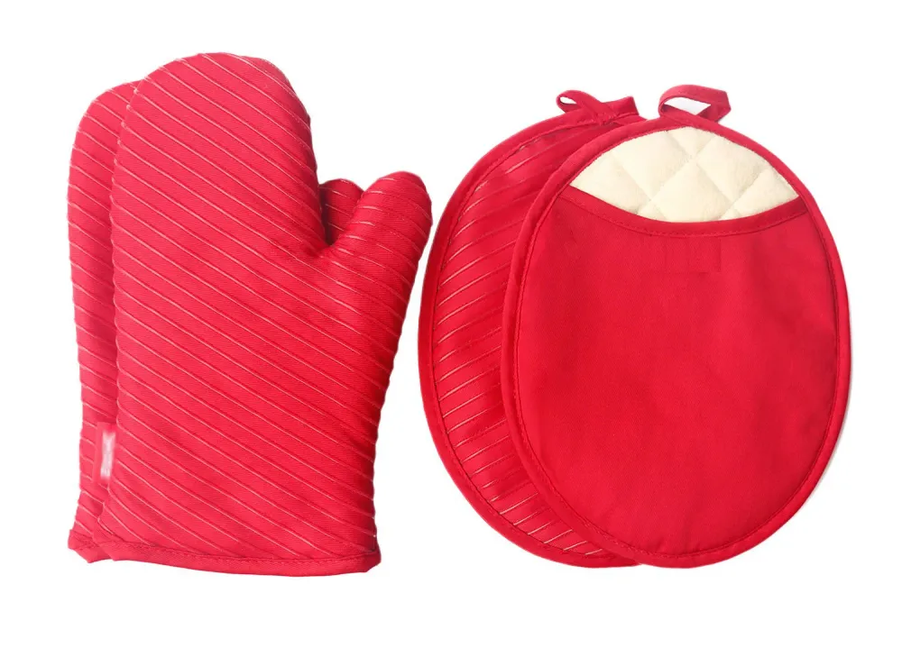 Presine e Guanti da Forno, 2 Presine e 2 Tappetini Termici con Tasche, Set di Biancheria da Cucina - Rosso