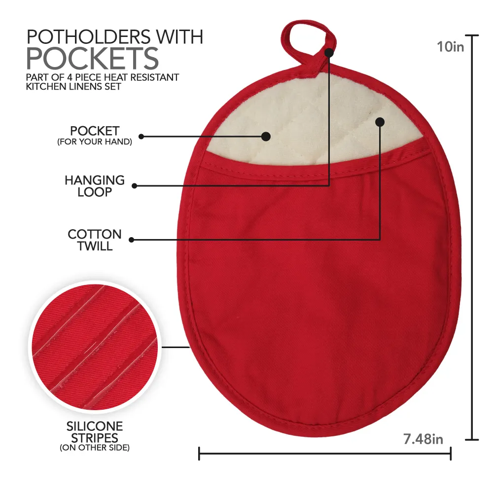 Presine e Guanti da Forno, 2 Presine e 2 Tappetini Termici con Tasche, Set di Biancheria da Cucina - Rosso