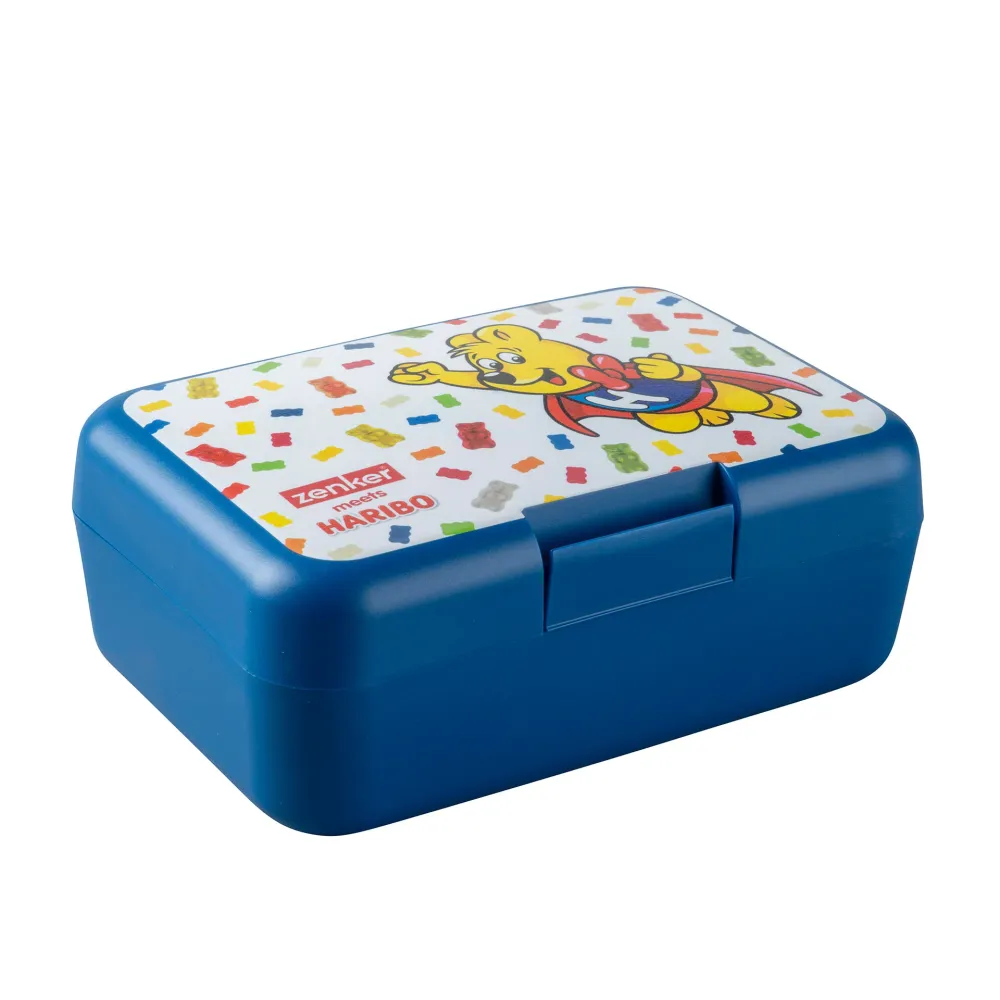 Scatola per merenda lunchbox plastica blu con decoro, chiusura clip
