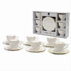 Set 12pz Servizio Da Tè O Caffè Con 6 Piattini + 6 Tazze Assortiti Porcellana