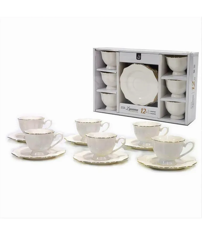 Set 12pz Servizio Da Tè O Caffè Con 6 Piattini + 6 Tazze Assortiti Porcellana