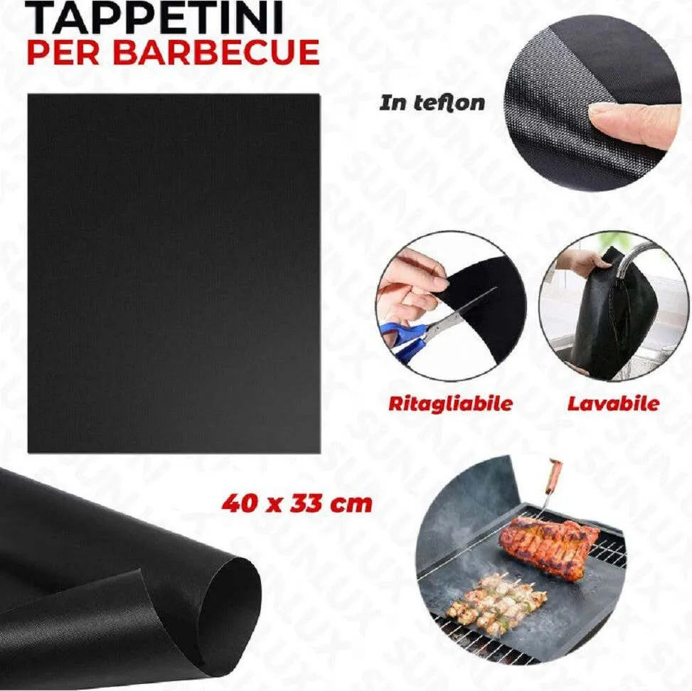 Set 6pz Tappetini Teflon Per Griglia Barbecue 40x33 Cm Riutilizzabili 7823804