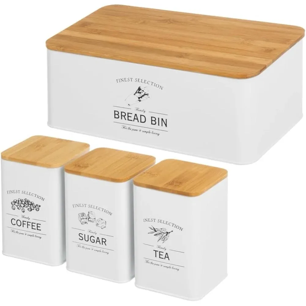 Set 3 Barattoli Metallo Bianco Coperchi Bambù Contenitori Porta Pane Acciaio