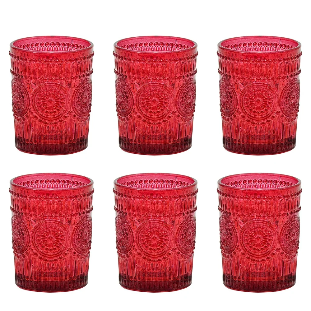 Set 6 Pz Bicchieri Vetro Di Colore Rosso Per Acqua Bevande Capacità 30cl Con Decori