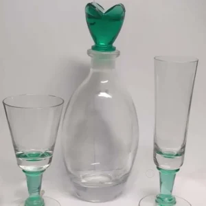 SET CARAFFA VETRO CON TAPPO VERDE + 6 BICCHIERI PER ACQUA E 6 BICCHIERI PER VINO - CON DETTAGLI VERDI