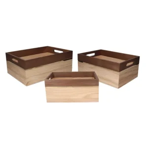 Set 3 cassette legno naturale e noce 31x21x14,3cm-34,6x24,5x14,8cm-38x28x15,3cm