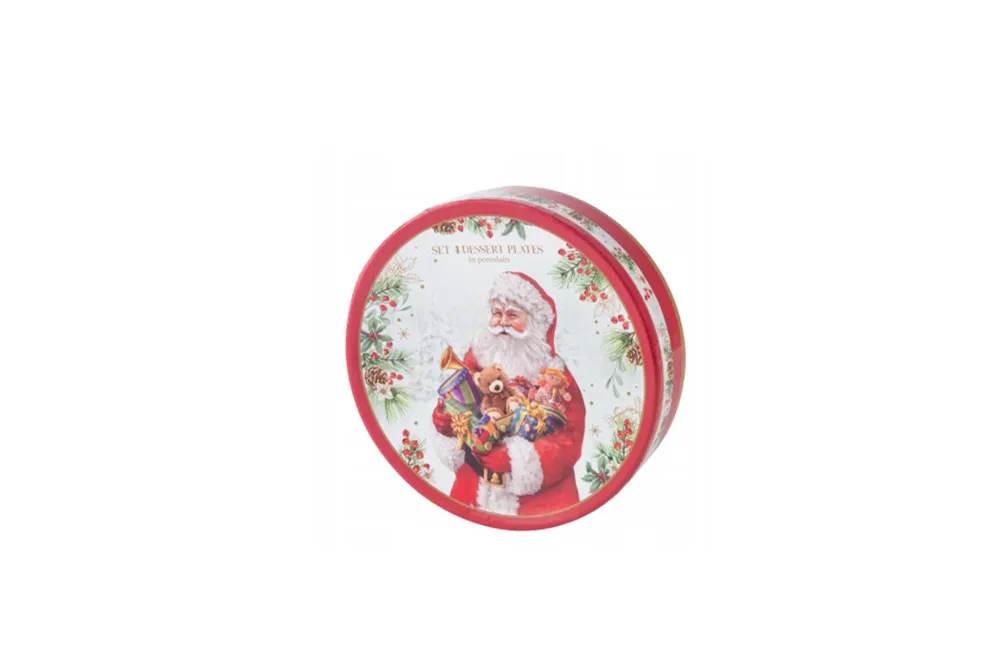 Set 4 piattini dolce porcellana con scatola regalo. Diametro 19 cm. LInea Santa is coming di Easy Life