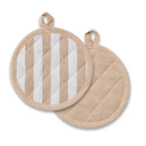 Set di 2 presine tonde rigata cotone poliestere bianco e beige country da 18 cm - Coccole di Casa