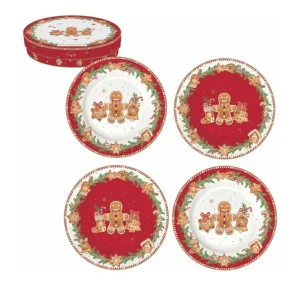 Set quattro piatti dessert porcellana con scatola regalo. Linea FANCY GINGERBREAD di Easy Life.