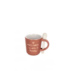 Set 6 tazzine caffè ceramica rosa con cucchiaino e scritte | rohome