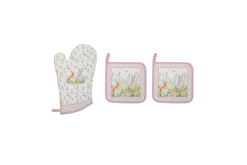 Set tessile da cucina 100% cotone, guanto 20x30 e due presine 20x20. Collezione Happy Easter di Easy Life.