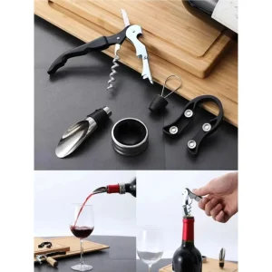 Set Vino 5in1 Cavatappi Apribottiglie Multifunzione Anello Antigoccia Tappo Versatore
